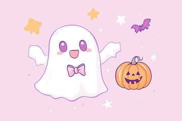 Sticker - a ghost and a pumpkin on a pink background