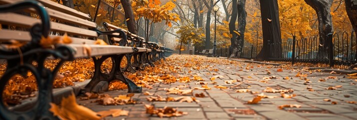 Poster - A tranquil urban park features pathways covered in vibrant fallen leaves, with benches lining the route, perfect for relaxing in autumn. Generative AI