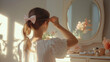 © photoholic - Young girl with pink bow in hair getting ready at vanity table in sunlit room, embracing femininity and coquette style, reflecting girlhood and beauty lifestyle