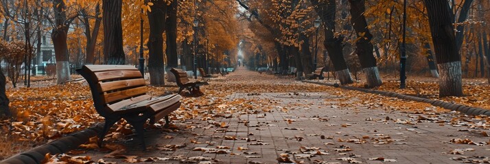 Aufkleber - Visitors can enjoy a peaceful walk along pathways blanketed in fallen leaves, with benches inviting rest during autumn. Generative AI