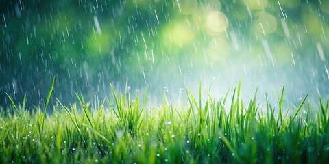 Raindrops and grass leaves on the ground in summer time