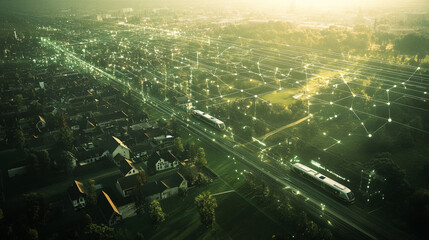 Aerial shot of network of sky trains connecting urban areas, showcasing modern transportation and technology. vibrant landscape highlights integration of nature and infrastructure