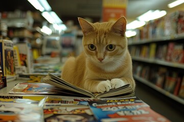 Canvas Print - a cat sitting on top of a book in a store