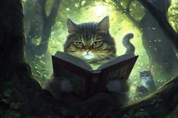 Poster - a cat is reading a book in a forest