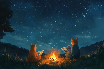 Canvas Print - two cats sitting in front of a campfire reading books