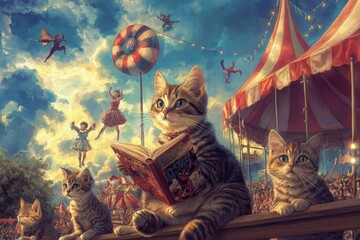 Canvas Print - a painting of a cat reading a book while other cats look on