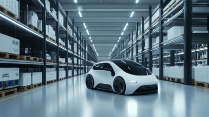 Leinwandbilder - Autonomous vehicle warehouse where self-driving vehicles navigate the facility, transporting goods with precision and efficiency