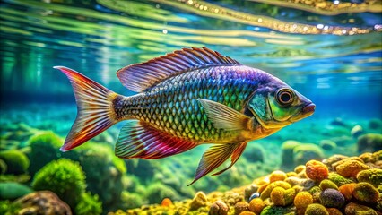 a vibrant fish with iridescent scales swims through a shallow underwater world, its fins shimmering 