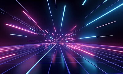 Wall Mural - 3d render, abstract background with neon laser light rays on a dark, empty black space for a design 