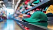 © danadesa - A green cap resting on a shelf in a retail store, surrounded by various other hats.