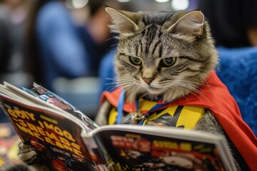 Canvas Print - a cat wearing a cape and reading a book