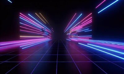 Wall Mural - 3d render, abstract background with neon laser light rays on a dark, empty black space for a design 