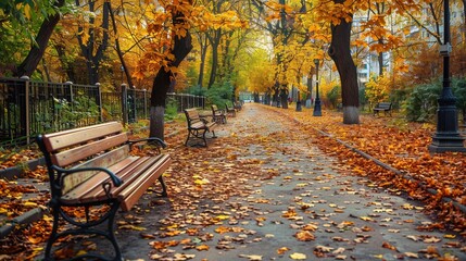 Aufkleber - A serene park path covered in colorful fallen leaves features inviting benches nestled among towering trees on a crisp autumn day. Generative AI