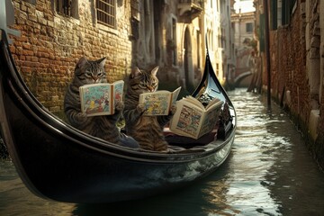 Sticker - two cats sitting in a gondola reading books