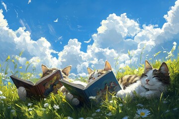 Poster - a couple of cats laying on top of a lush green field