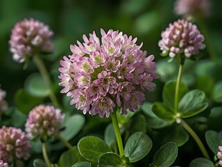 Close-up photo of clover flowers taken in the garden next to the house