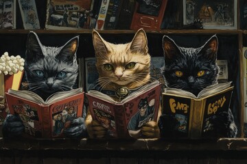 Wall Mural - a painting of three cats reading a book