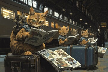 Canvas Print - a group of cats sitting on top of luggage next to a train