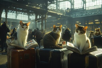 Sticker - two cats sitting on top of suitcases in a train station