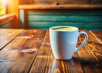 This white ceramic coffee mug rests on a wooden table, providing a stylish backdrop for breakfast or cafe menu designs and inspiring delightful culinary experiences.