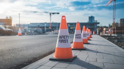 Traffic cones marked 'Safety First' on a construction site.