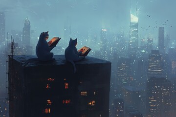 Wall Mural - two cats sitting on top of a building reading books