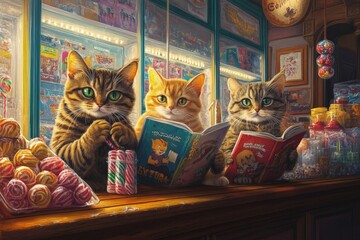 Poster - a painting of two cats reading a book