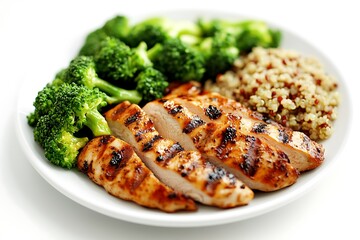 Grilled chicken with broccoli and quinoa on a white plate, showcasing a healthy meal.