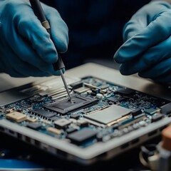 A repair person is fixing a broken laptop with a screwdriver.