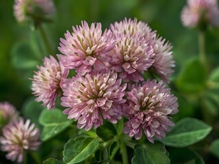 Close-up photo of clover flowers taken in the garden next to the house