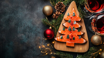 board of christmas tree shape smoked salmon toast on christmas eve dinner table to celebrate food an