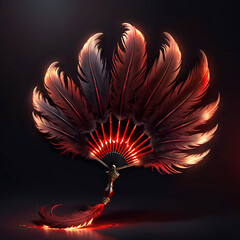 A red feather fan with a black handle and golden accents sits on a dark surface, glowing with a warm light. The fan is closed, and a single feather extends from its base.