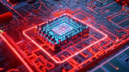 Glowing red light circuit board technology digital, futuristic connection micro chip