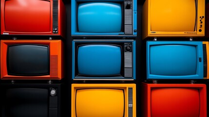 Colorful vintage televisions arranged on a black surface, artistic display.