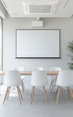 Modern Minimalist Conference Room with Digital Presentation Screen and Stylish Ergonomic Chairs