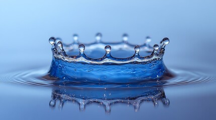 Water splash creating a crown shape, on a serene blue background.