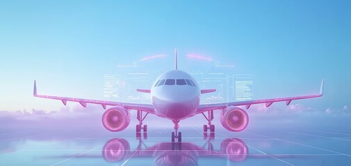 Airplane with travel booking interface, 3D rendering, highresolution textures, creative elements, online ticket reservation