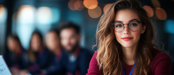 confident businesswoman with glasses is leading meeting, showcasing her leadership skills in modern office environment. atmosphere is professional and engaging