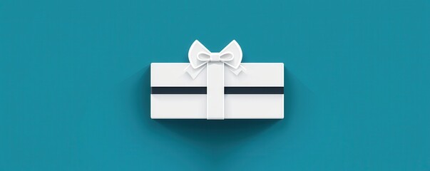 Wall Mural - White Gift Box with Ribbon on Blue Background.