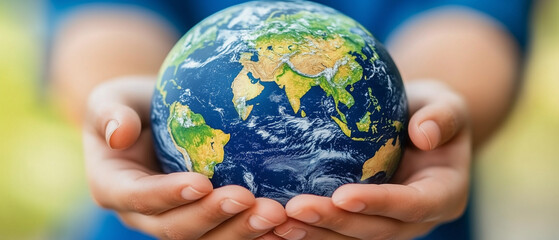 Child's Hands Holding Earth Globe.