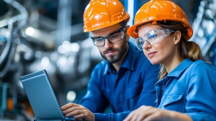 Two maintenance engineers a male and a female using a laptop to inspect and monitor the relay protection system in a large industrial factory