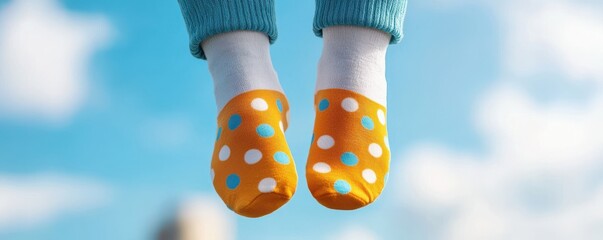 Colorful polka dot shoes suspended in air against a bright blue sky.