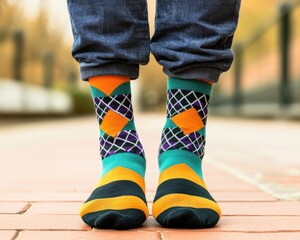 Colorful patterned socks worn with jeans on a sunny day outdoors