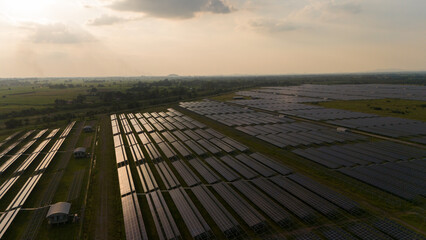 Aerial bird view photo of photovoltaic power station also known as a solar park is large-scale photovoltaic system (PV system) designed for the supply of merchant power into the electricity grid