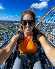 Shot of happy young people riding a roller coaster. Young women and men having fun on amusement park ride.