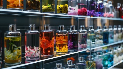 Colorful aroma containers made arrangements on a transparent shelves presentation