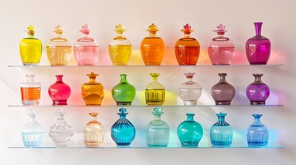 Colorful aroma containers made arrangements on a transparent shelves presentation