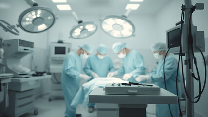 Team of surgeons performing a procedure in a brightly lit modern operating room, surrounded by medical equipment and technology