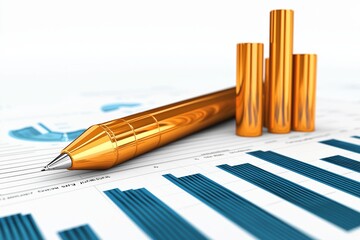 Digital pen and bar graph on financial report with charts and data analysis background.