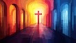 © chayantorn - An abstract depiction of a glowing cross at the end of a vibrant, colorful corridor, symbolizing hope and spirituality.